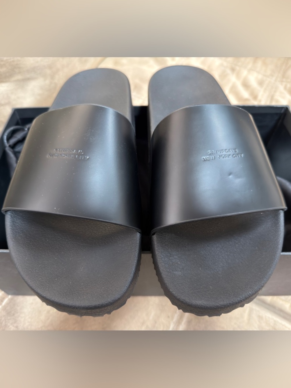 Saturdays New York City Black Slide Sandals Box Label